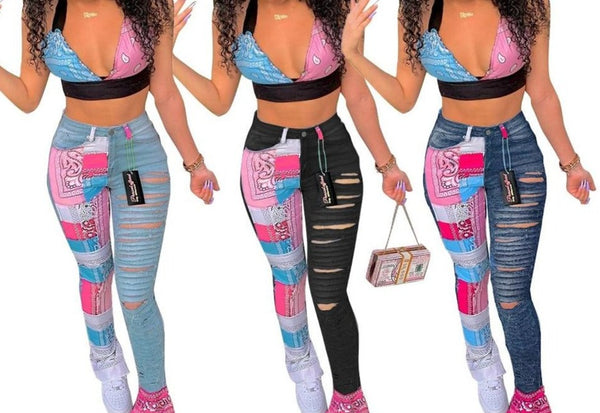 Women Fashion Colorful Bandanna Print Patchwork Flare Denim Pants