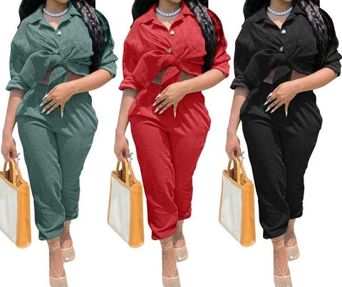 Women Fashion Two Piece Corduroy Button Up Pant Set