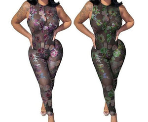 Women See Through Mesh Floral Print Sexy Sleeveless Jumpsuit