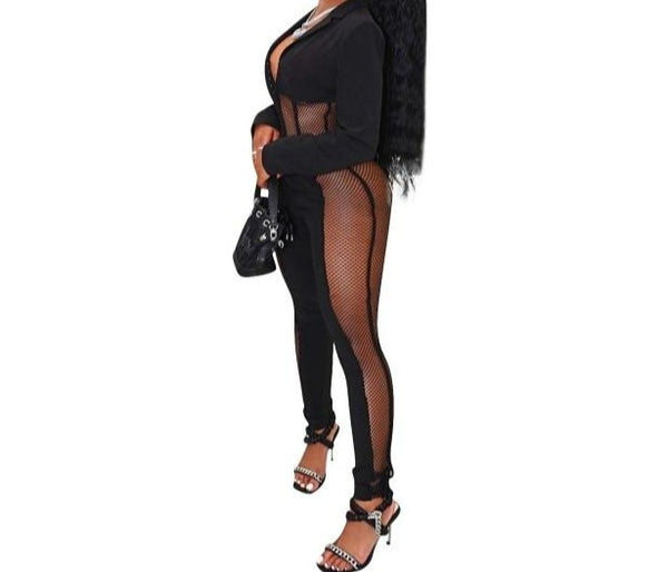Women Black Sexy Two Piece Mesh Patchwork Corset Pant Set