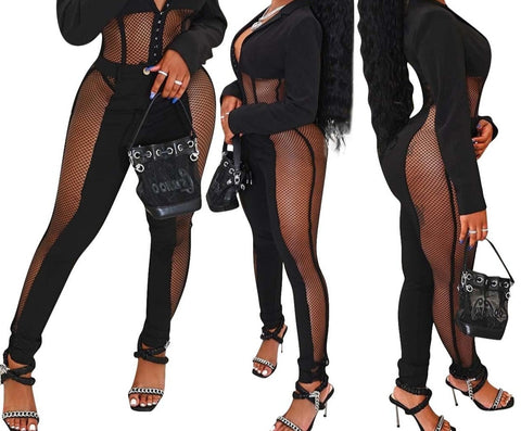 Women Black Sexy Two Piece Mesh Patchwork Corset Pant Set