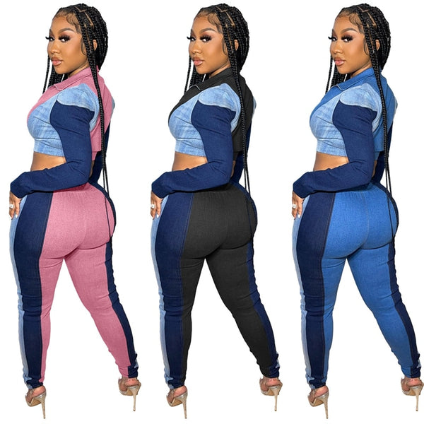 Women Two Piece Fashion Color Patchwork Crop Long Sleeve Pant Set