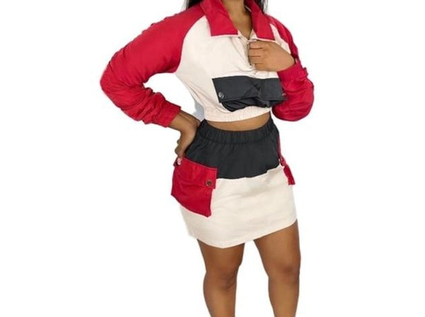 Women Color-Block Fashion Two Piece Pocket Mini Skirt Set