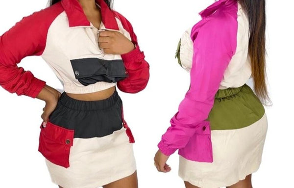 Women Color-Block Fashion Two Piece Pocket Mini Skirt Set