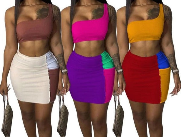 Women Sleeveless One Shoulder Crop Two Piece Skirt Set