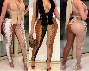 Women Sexy PU Leather Color Patchwork Lace Up Fashion Pants