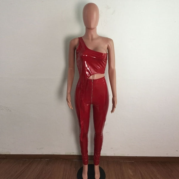 Women Two Piece Sexy PU One Shoulder Fashion Pant Set