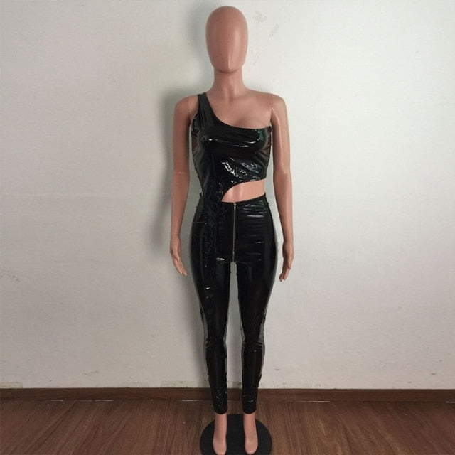 Women Two Piece Sexy PU One Shoulder Fashion Pant Set