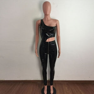 Women Two Piece Sexy PU One Shoulder Fashion Pant Set