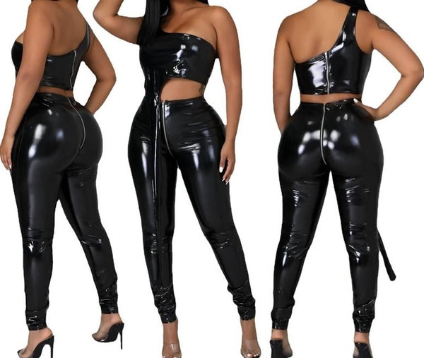 Women Two Piece Sexy PU One Shoulder Fashion Pant Set