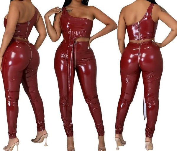 Women Two Piece Sexy PU One Shoulder Fashion Pant Set