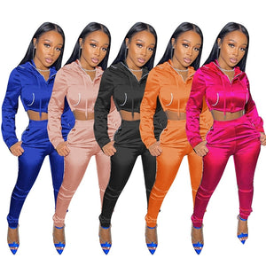 Women Fashion Two Piece Hooded Crop Pant Set