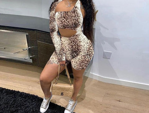 Women Sexy Leopard Print One Shoulder Fashion Cut Out Romper