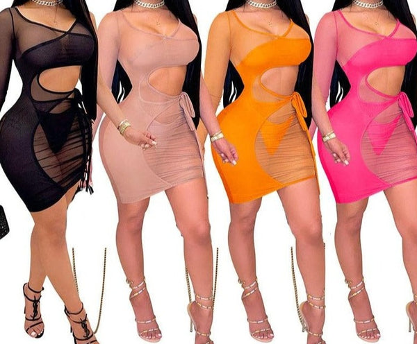 Women Sheer Mesh One Shoulder Sexy Cut Out Dress