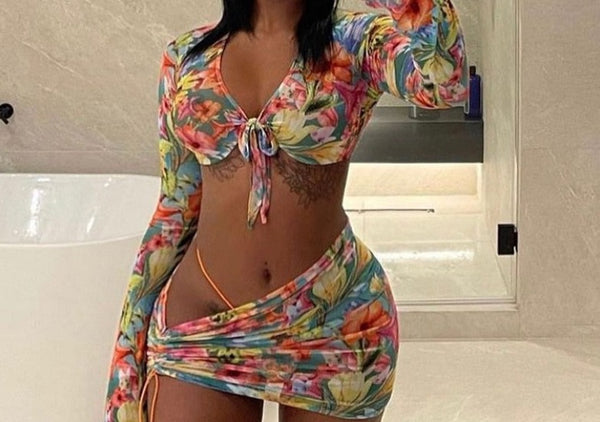 Women Sexy Colorful Mesh Two Piece Crop Top Skirt Set