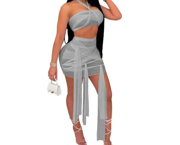Women Sexy Sheer Mesh Two Piece Halter Skirt Set