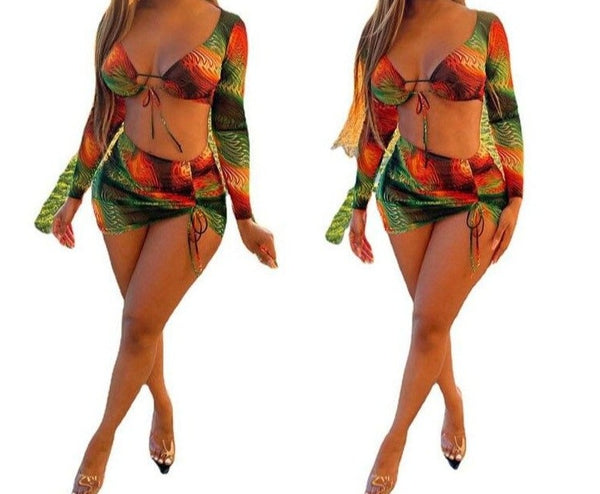 Women Two Piece Sexy Colorful Print Crop Skirt Set
