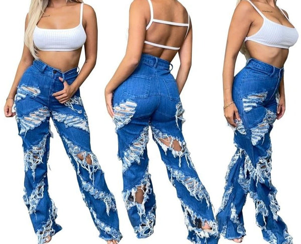 Women High Waist Ripped Fashion Blue Denim Pants