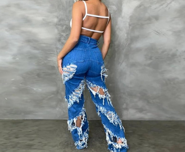 Women High Waist Ripped Fashion Blue Denim Pants