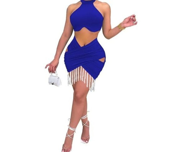 Women Sexy Crop Two Piece Tassel Fashion Skirt Set