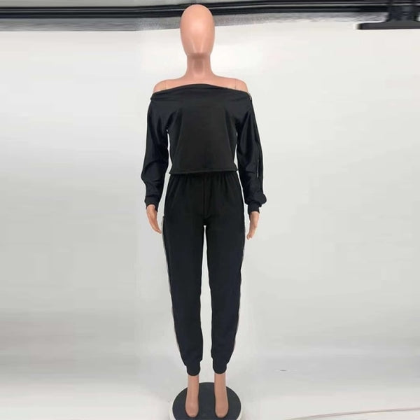 Women Fashion Two Piece Off The Shoulder Zipper Pant Set