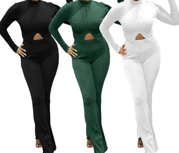 Women Two Piece Solid Color Fashion Long Sleeve Pant Set