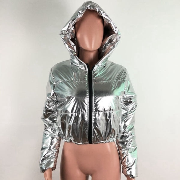 Women Fashion Silver PU Leather Hooded Cropped Puff Jacket