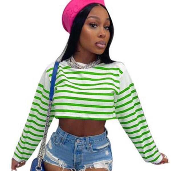 Women Fashion Full Sleeve Striped Crop Top