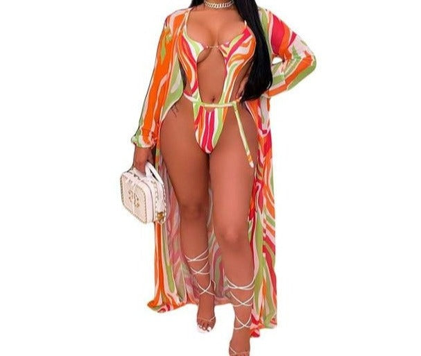 Women Color Striped Print Sexy Swimsuit Cover Up Set