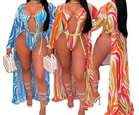 Women Color Striped Print Sexy Swimsuit Cover Up Set