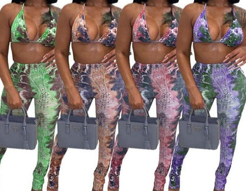 Women Halter Sexy Printed Fashion Two Piece Pant Set