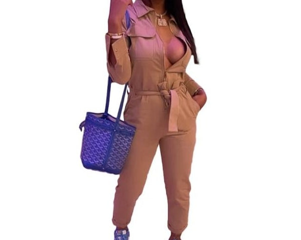Women Solid Color Long Sleeve Fashion Belted Jumpsuit