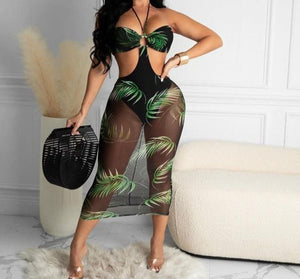 Women Sexy Mesh Leaf Print Halter Fashion Dress