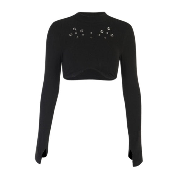 Women Full Sleeve Black Hollow Out Fashion Crop Top