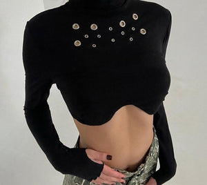Women Full Sleeve Black Hollow Out Fashion Crop Top