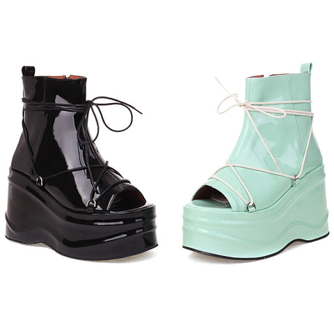 Women Patent Leather Lace Up Fashion Platform Open Toe Ankle Boots