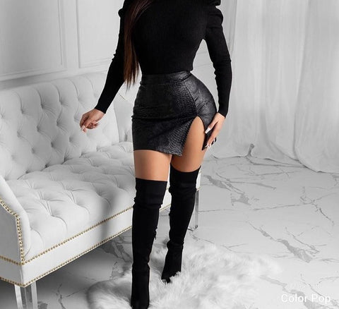 Women Sexy Black Faux Leather Mini Skirt