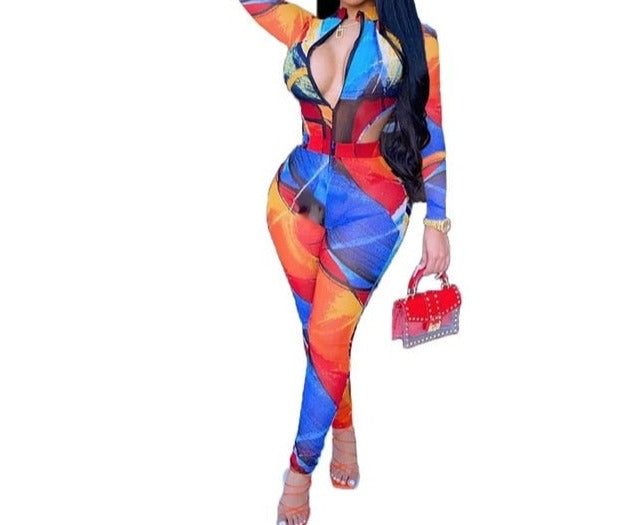 Women Sexy Colorful Print Two Piece Fashion Pant Set