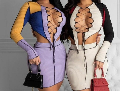 Women Sexy Lace Up Color Patchwork Two Piece Skirt Set