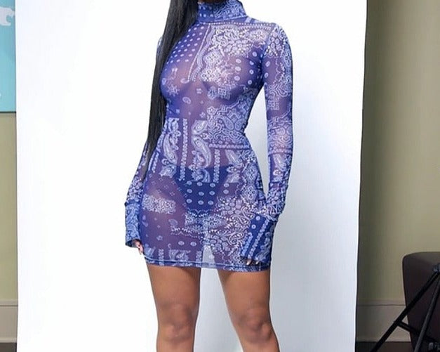 Women Sexy Sheer Blue Bandanna Print Long Sleeve Mini Dress