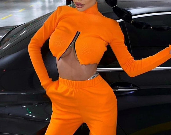 Women Orange Fashion Sexy Zip Crop Top