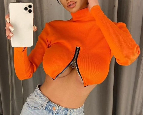Women Orange Fashion Sexy Zip Crop Top
