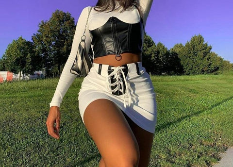 Women Fashion Two Piece White/Black PU Patchwork Lace Up Skirt Set