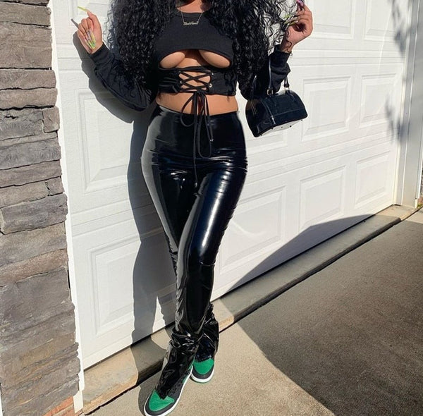 Women Sexy Black Two Piece Cut Out Crop Top PU Leather Pant Set