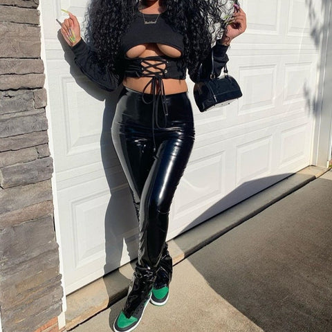 Women Sexy Black Two Piece Cut Out Crop Top PU Leather Pant Set