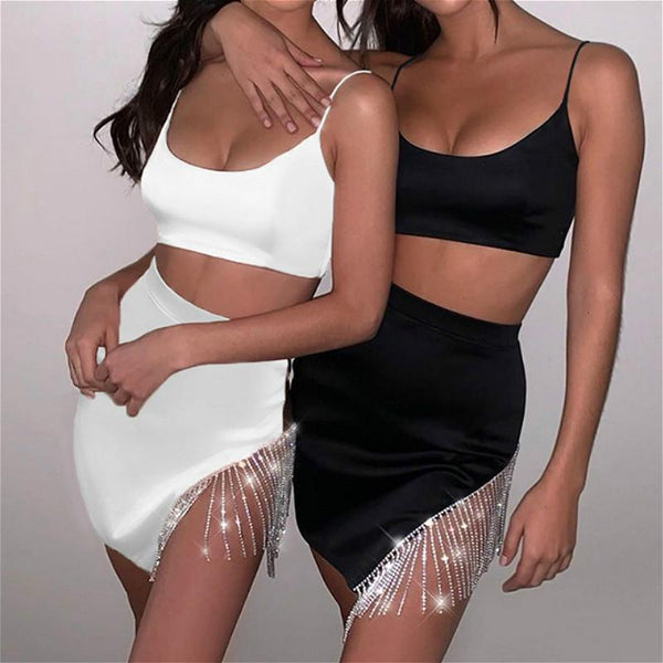 Women Tassel Two Piece Sexy Satin Skirt Set