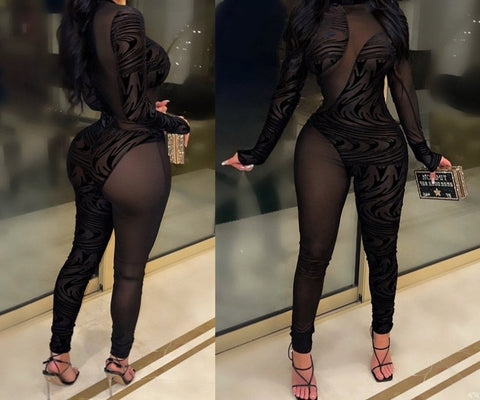 Women Black Sexy Printed Mesh Patchwork Fashion Jumpsuit