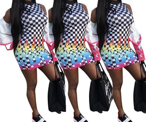 Women Fashion Plaid Rainbow Fire Print Sleeveless Dress