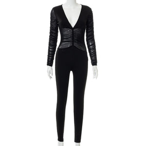Women Sexy Mesh Black Full Sleeve V-Neck Fashion Jumpsuit