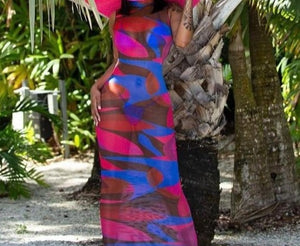 Women Color Print Mesh Sleeveless Sexy Fashion Maxi Dress